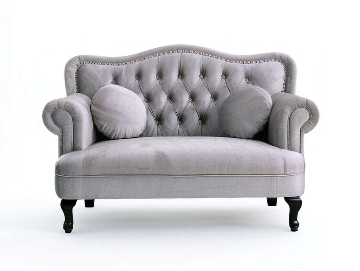 Gray Tufted Velvet Loveseat with Round Pillows, 59 x 35 x 38 in