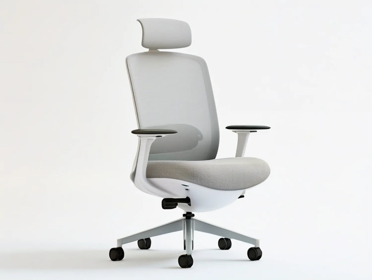 Ergonomic White and Gray Mesh Chair with Headrest and Adjustable Arms, 26.4 x 26.4 x 45.3-49.2 in