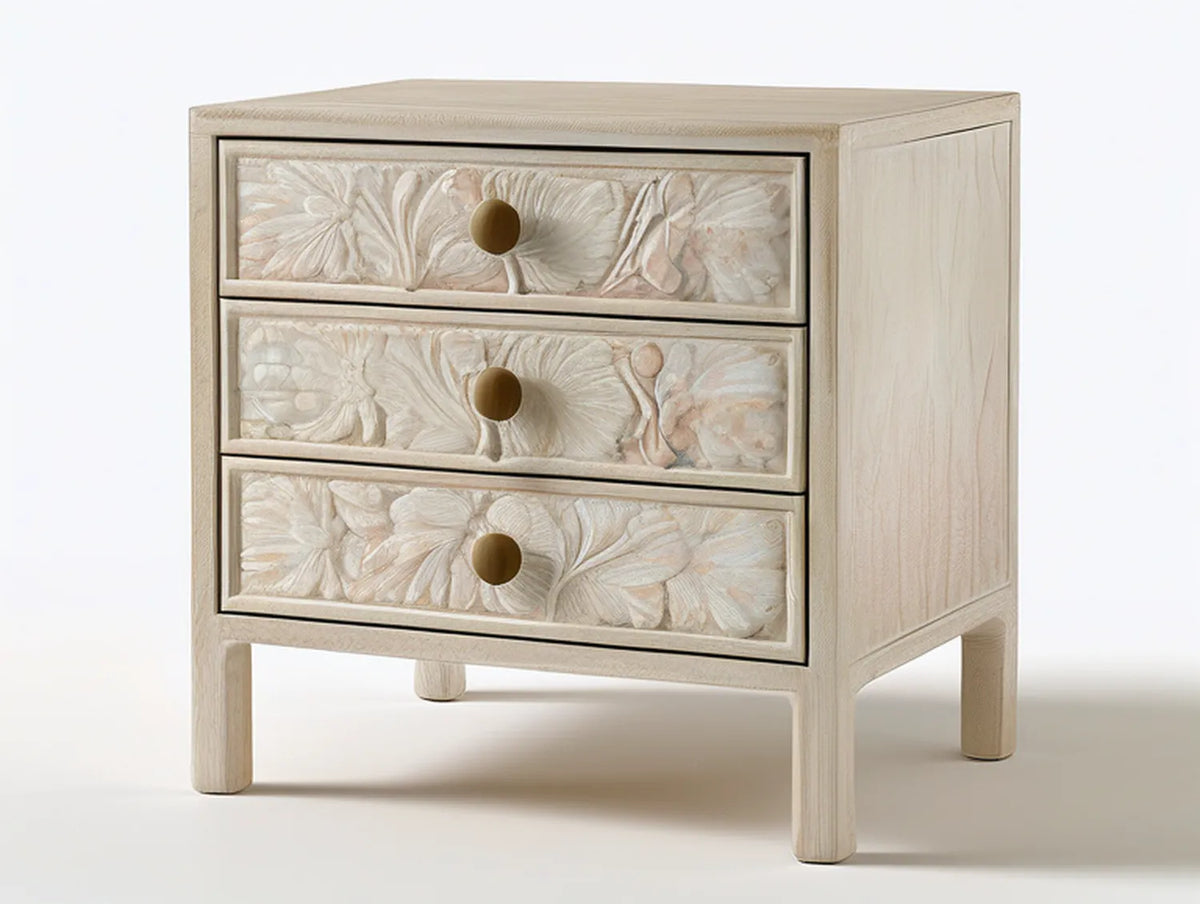 Cream 3-Drawer Solid Rubberwood Nightstand, 24 x 18 x 28 in