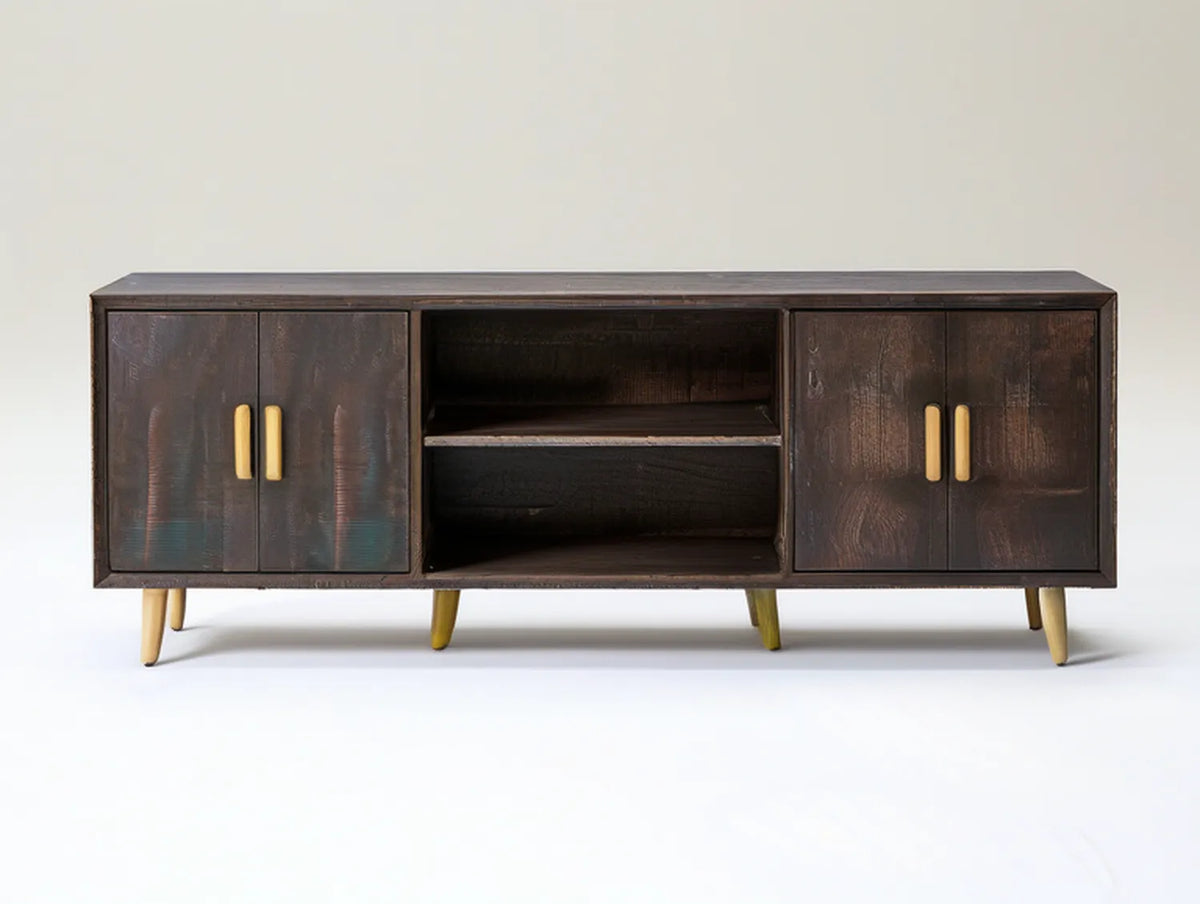 Dark Brown Solid Wood TV Stand with Gold Hardware, 63 x 15.7 x 29.5 in