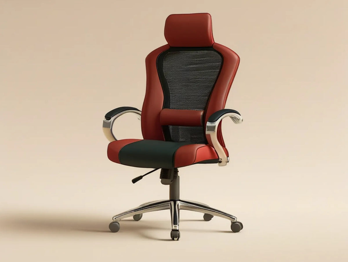 Red, Black and Silver Executive Office Chair with Headrest, PU Leather and Mesh, 25.6 x 25.6 x 46.5-50.4 in