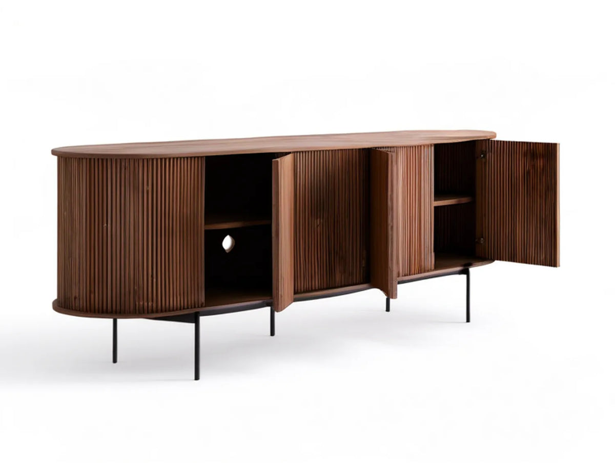 Walnut Brown and Black TV Stand, 70.9 x 15.7 x 21.7 in, Fluted Veneer Doors and Steel Legs